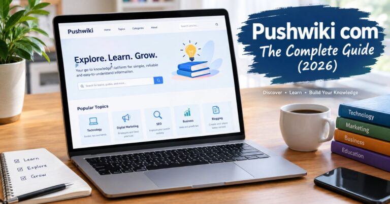 Pushwiki com complete guide 2026 showing a modern knowledge platform for technology, SEO, digital marketing, business, and blogging