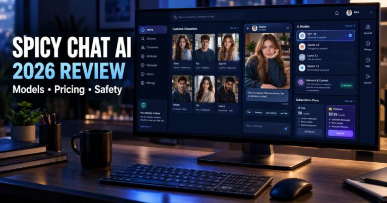 Spicy Chat AI review 2026 showing AI character chat, models, pricing, and safety features