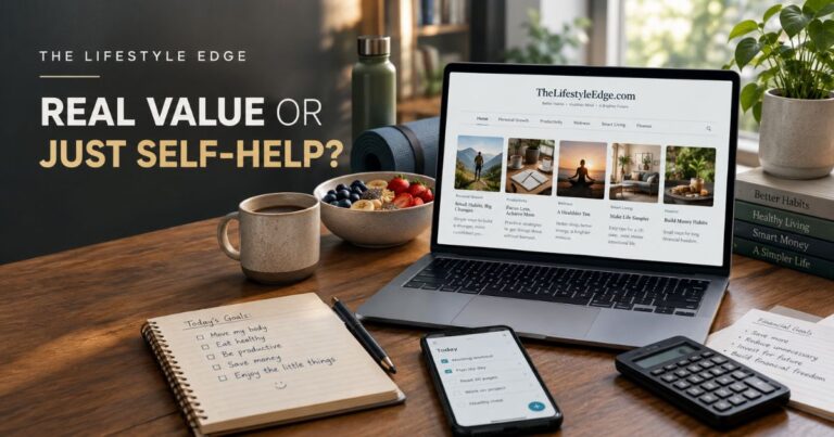 TheLifestyleEdge com review showing a lifestyle platform focused on personal growth, productivity, wellness, smart living, and financial habits