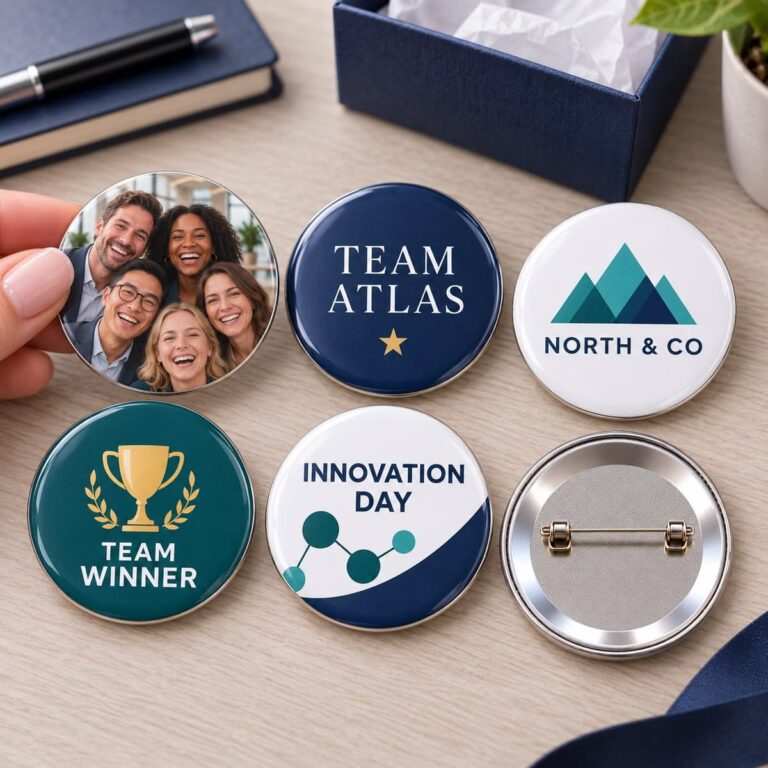 Custom branded pin badges designed for promotional merchandise, event marketing, and brand recognition